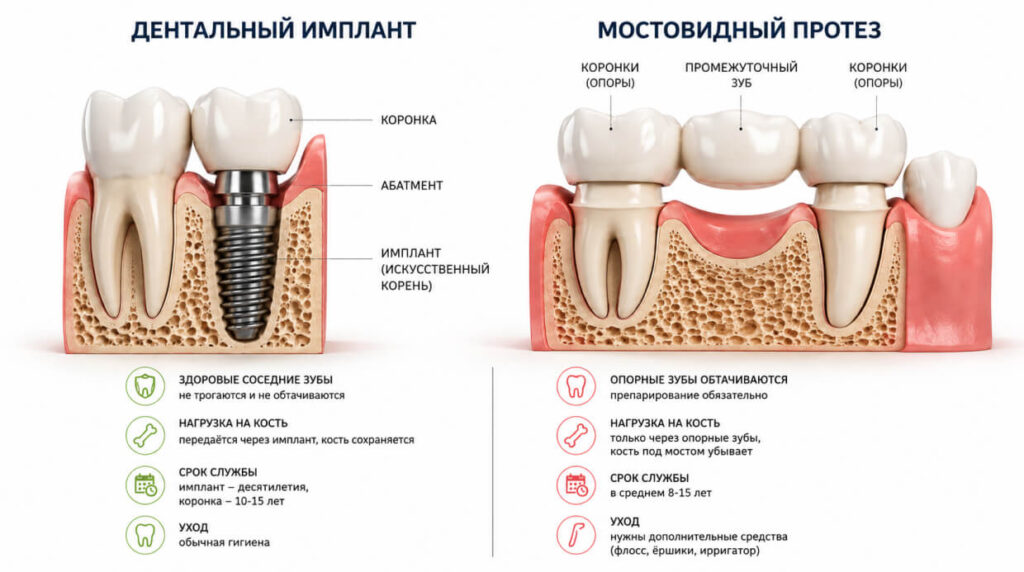 сравнение импланта и зубного моста